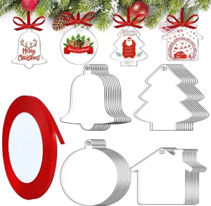 Transparente Acryl Weihnachtsbaum Deko Rohlinge DIY zum Aufhängen mit rotem Band Set