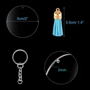 Acrylic keychain blanks with colorful leather tassels and rings detail dimensions spec