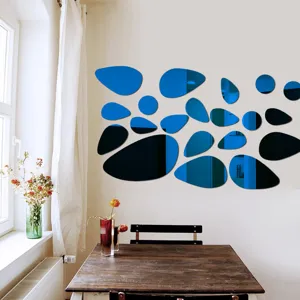 3D pebble mirror wall stickers detail view, creative acrylic home decor decals for living room wall.