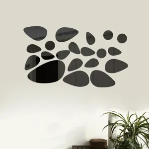 3D pebble mirror wall sticker detail view, acrylic reflective wall decor for living room.