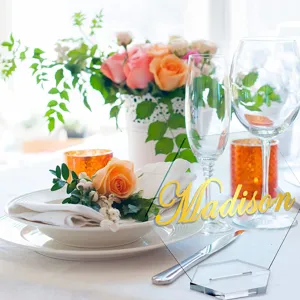 Tarjeta de lugar de boda de acrílico transparente hexágono nombre de mesa decoración