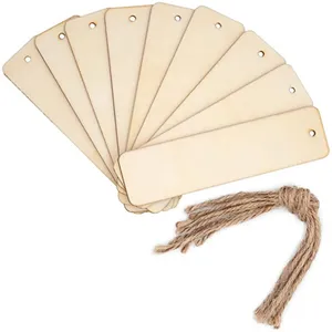 Wooden blank bookmarks with hanging hole and jute twine for DIY crafts and painting.