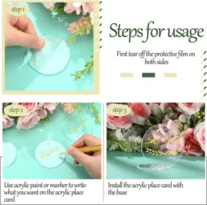 Tarjeta de lugar acrílica redonda transparente en blanco con base para fiesta de boda DIY