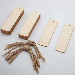 Unfinished rectangular wooden bookmarks with jute twine ropes for DIY crafts and hanging tags.