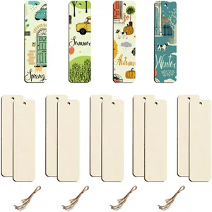 Wooden blank bookmarks DIY craft unpolished rectangular bookmarks set with twine for painting.