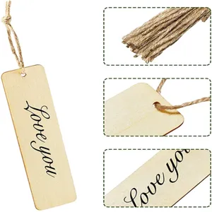 Wooden blank bookmark DIY unfinished rectangular wood bookmark tag with jute twine rope tassel