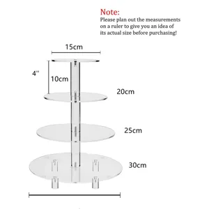 4-tier transparent acrylic round cupcake stand dimension diagram with clear size markers.