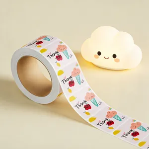 Thank you square adhesive sticker roll for gift sealing packaging, cute cartoon design.