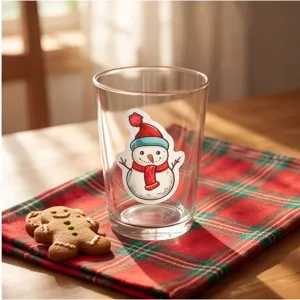 Vaso de cristal transparente con lindo adhesivo de muñeco de nieve navideño, decoración.