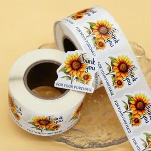 Sunflower thank you stickers roll for gift bags, handmade items, bakery sealing and small business.