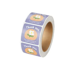 Square Thank You sticker roll for small business packaging, cute floral sealing labels.