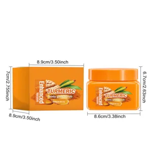 Gommage corporel au curcuma en pot et boîte avec indications de dimensions claires.