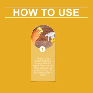 Detail view showing how to use wood polish beeswax spray with sponge for furniture care.