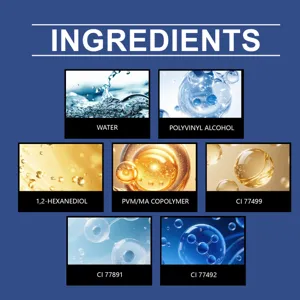 Tabella dettagliata degli ingredienti con acqua, alcol polivinilico e formule chimiche.