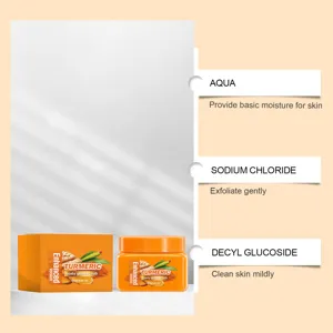 Détail de gommage corporel au curcuma avec eau et chlorure de sodium pour une peau douce.