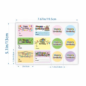 Birthday sticker sheet with cute cake and balloon designs, perfect for gift wrapping and party favors.