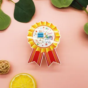 Anniversaire badge autocollant fête décoration cadeau adhésif étiquette rosette ruban rose