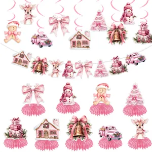 Rosa Weihnachten Hängende Spiralen Banner Wabenmittelstücke Party Dekoration Set