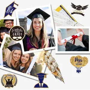 Graduation party stickers with gold foil design, perfect for school celebrations.