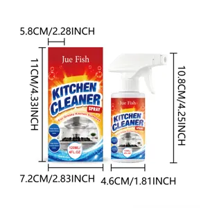 Détail du spray nettoyant cuisine Jue Fish affichant les dimensions et les caractéristiques.