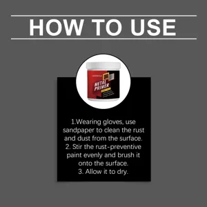 Metal primer detail graphic showing product packaging and step-by-step usage instructions.