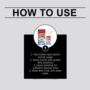 Détail du spray nettoyant de cuisine Jue Fish avec guide d'utilisation étape par étape.