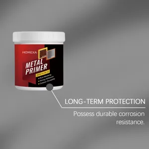 Metal primer product detail view highlighting rust blocking and strong adhesion properties.