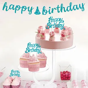 Ensemble de bannière et cake topper joyeux anniversaire à paillettes bleues pour fête