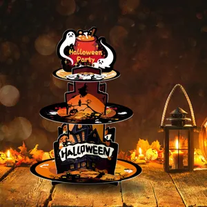 Halloween 3-tier paper cupcake stand detail, magic castle and ghost design for party decor scene.