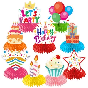 Birthday party honeycomb table centerpieces set, colorful paper decorative ornaments for party.