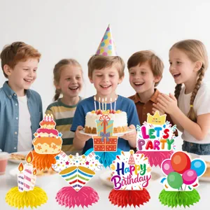 Birthday honeycomb centerpiece detail view, colorful party table decor set with cute designs.