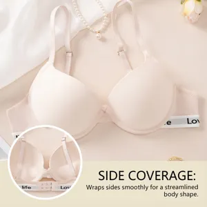Seamless push-up bra in soft nude pink with adjustable straps and supportive side coverage.