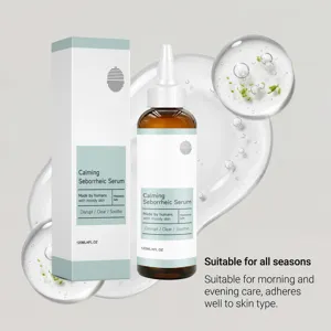 Calming seborrheic scalp care serum detail texture view, 120ml bottle with clear gel background.
