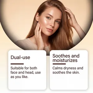 Scalp care essence detail view showing dual-use soothing and moisturizing benefits for skin.