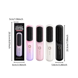 Details of wireless portable straight hair comb with four color options and dimensions.