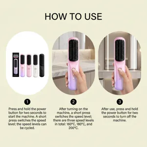 Detail view of wireless hair straightening comb with temperature settings and instruction guide.
