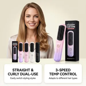 Wireless portable hair straightening comb detail showing multiple colors and temperature control.