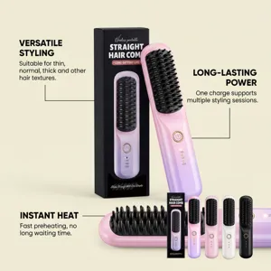 Wireless portable hair straightening comb with multi-temperature settings for daily hair styling.