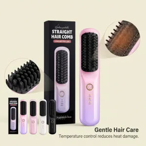 Wireless portable straight hair comb with temperature control for gentle daily styling care.