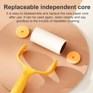 Detailed view of the replaceable lint roller with sticky paper core and yellow handle for cleaning.