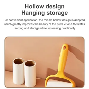 Lint roller with yellow handle and refill rolls for pet hair and dust removal cleaning.
