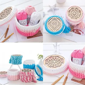 Cesta de almacenamiento tejida a mano con tapa de madera DIY kit de hilo ganchillo