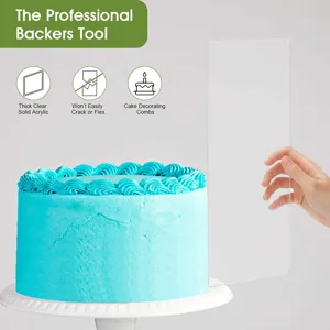Clear acrylic cake scraper and comb detail showing durable material and smooth baking finish.