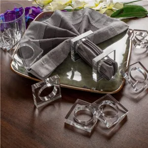 Clear acrylic napkin rings set for wedding party dinner table desktop decoration detail view.