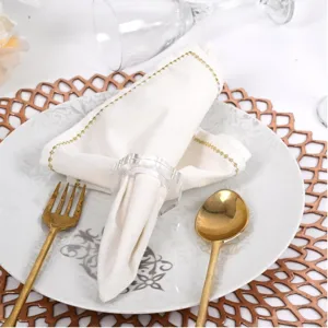 Detail shot of clear acrylic napkin ring, perfect for wedding table decor and party settings.