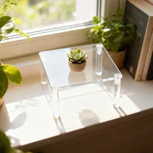 Clear acrylic display stand detail, perfect for figures, jewelry, plants, and collectibles showcase.