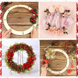 Wooden unfinished wreath frame DIY kit with artificial flowers berries ribbons for wall door decor