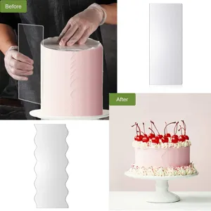 Clear acrylic cake scraper smoothing and wavy edges for cake decorating and baking tools.
