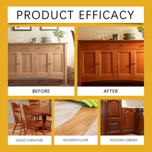 Wood furniture beeswax polish spray detail infographic showing before and after care results.
