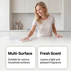 Vue détaillée du nettoyage de cuisine montrant un soin quotidien efficace et un parfum frais.